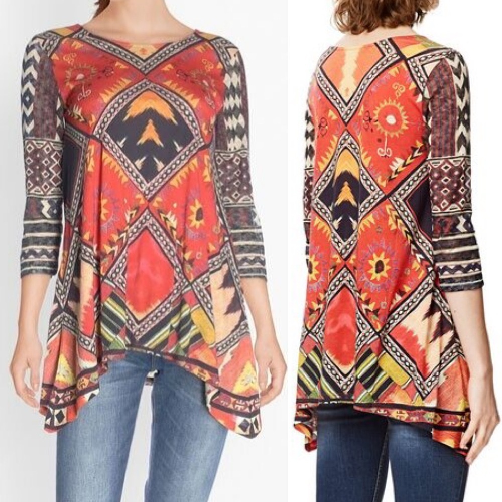 Desigual Art To Wear Bohemian Print Long Sleeve Tunic Top Size Medium Boho M
